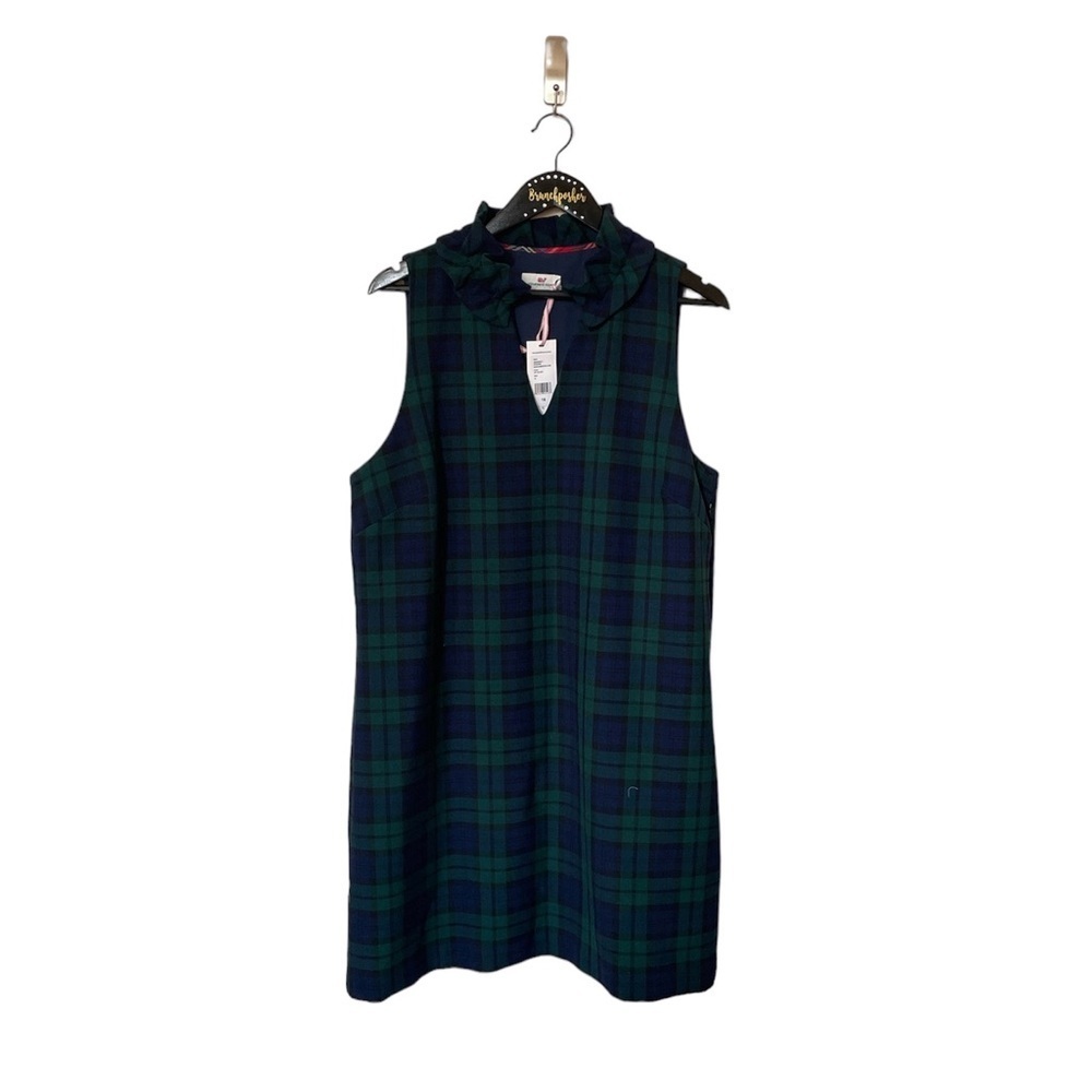 Vineyard Vines Blackwitch Meredith Plaid Ruffle Neck Midi Sleeveless Dress